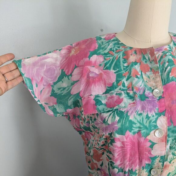 Vintage Midi Dress Fit Flare Floral 80s 90s Housewife Retro Pink Green Button 10 - Picture 4 of 16